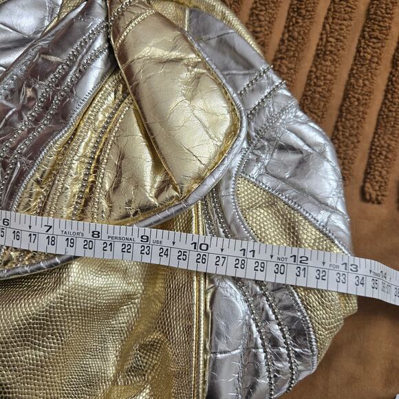 Genuine Leather Vtg USA Gold Silver Metallic  Patchwork Studded Clam Shell Bag - Picture 9 of 10